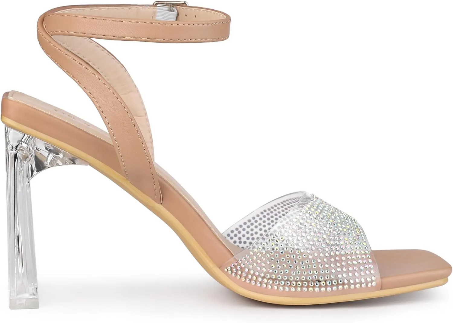 Allegra K Women's Clear Heels Square Toe Rhinestone Heel Sandals
