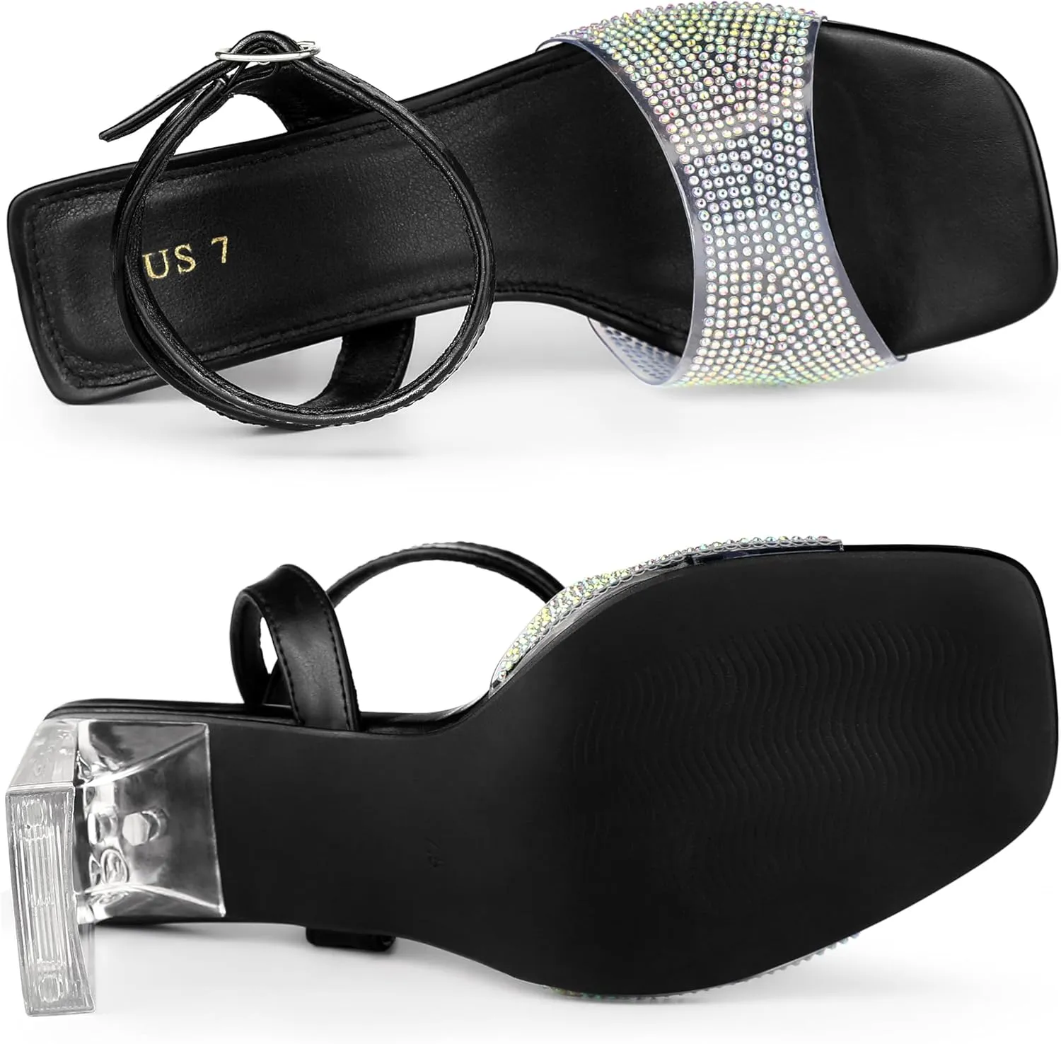 Allegra K Women's Clear Heels Square Toe Rhinestone Heel Sandals