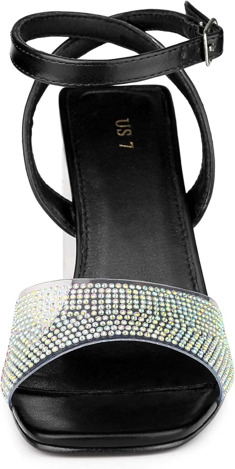 Allegra K Women's Clear Heels Square Toe Rhinestone Heel Sandals