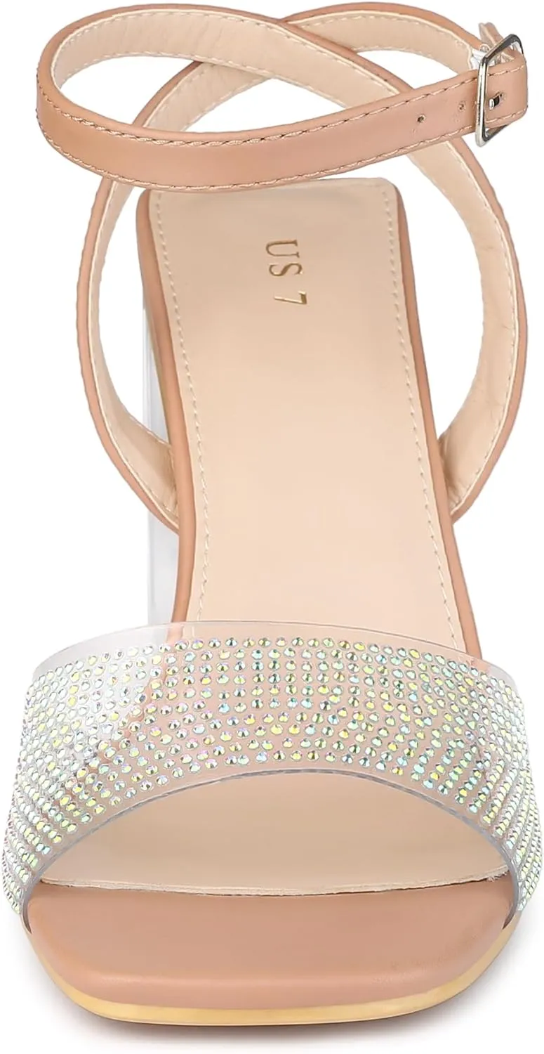 Allegra K Women's Clear Heels Square Toe Rhinestone Heel Sandals