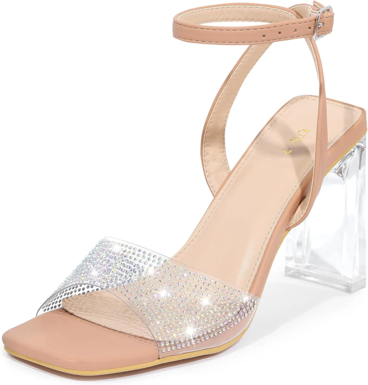 Allegra K Women's Clear Heels Square Toe Rhinestone Heel Sandals