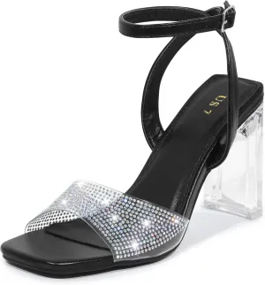 Allegra K Women's Clear Heels Square Toe Rhinestone Heel Sandals