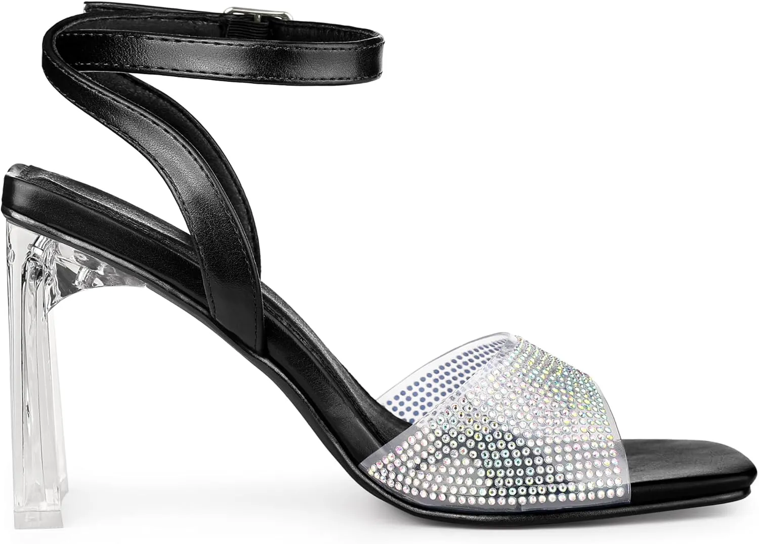 Allegra K Women's Clear Heels Square Toe Rhinestone Heel Sandals