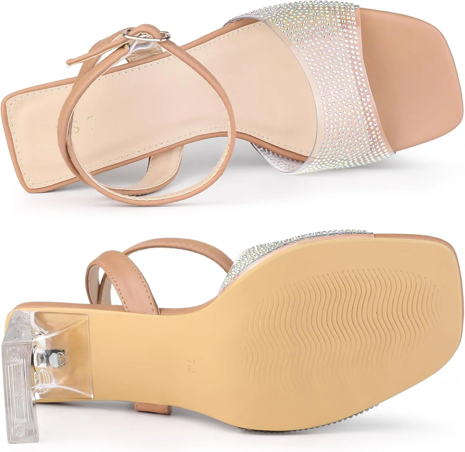 Allegra K Women's Clear Heels Square Toe Rhinestone Heel Sandals