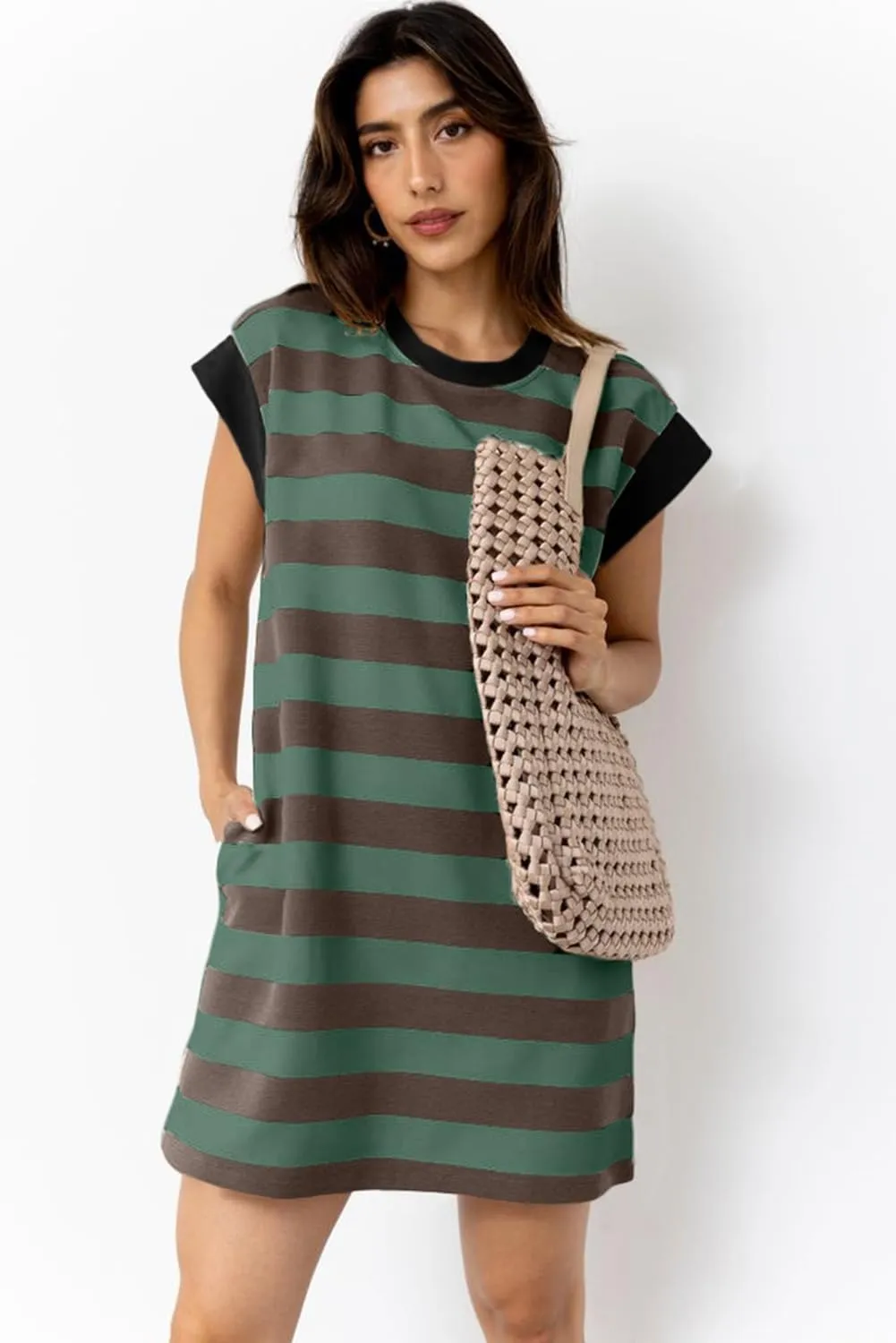 AlvaQ Womens Striped Summer Dresses 2025 Crewneck Cap Sleeve Color Block Casual A Line Tshirt Dress with Pockets