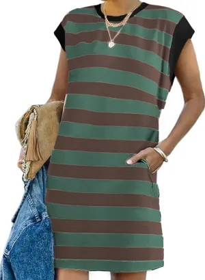 AlvaQ Womens Striped Summer Dresses 2025 Crewneck Cap Sleeve Color Block Casual A Line Tshirt Dress with Pockets