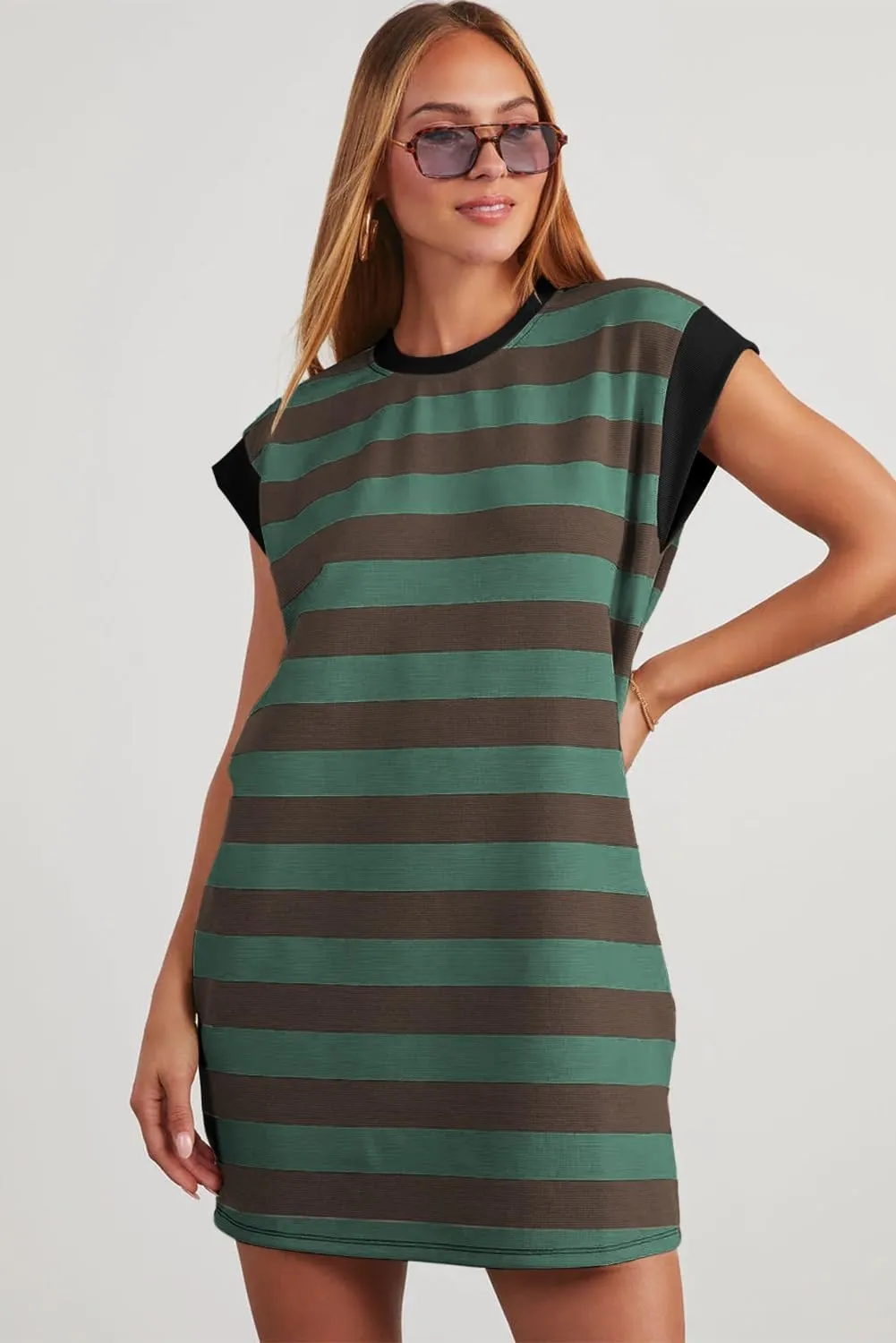 AlvaQ Womens Striped Summer Dresses 2025 Crewneck Cap Sleeve Color Block Casual A Line Tshirt Dress with Pockets