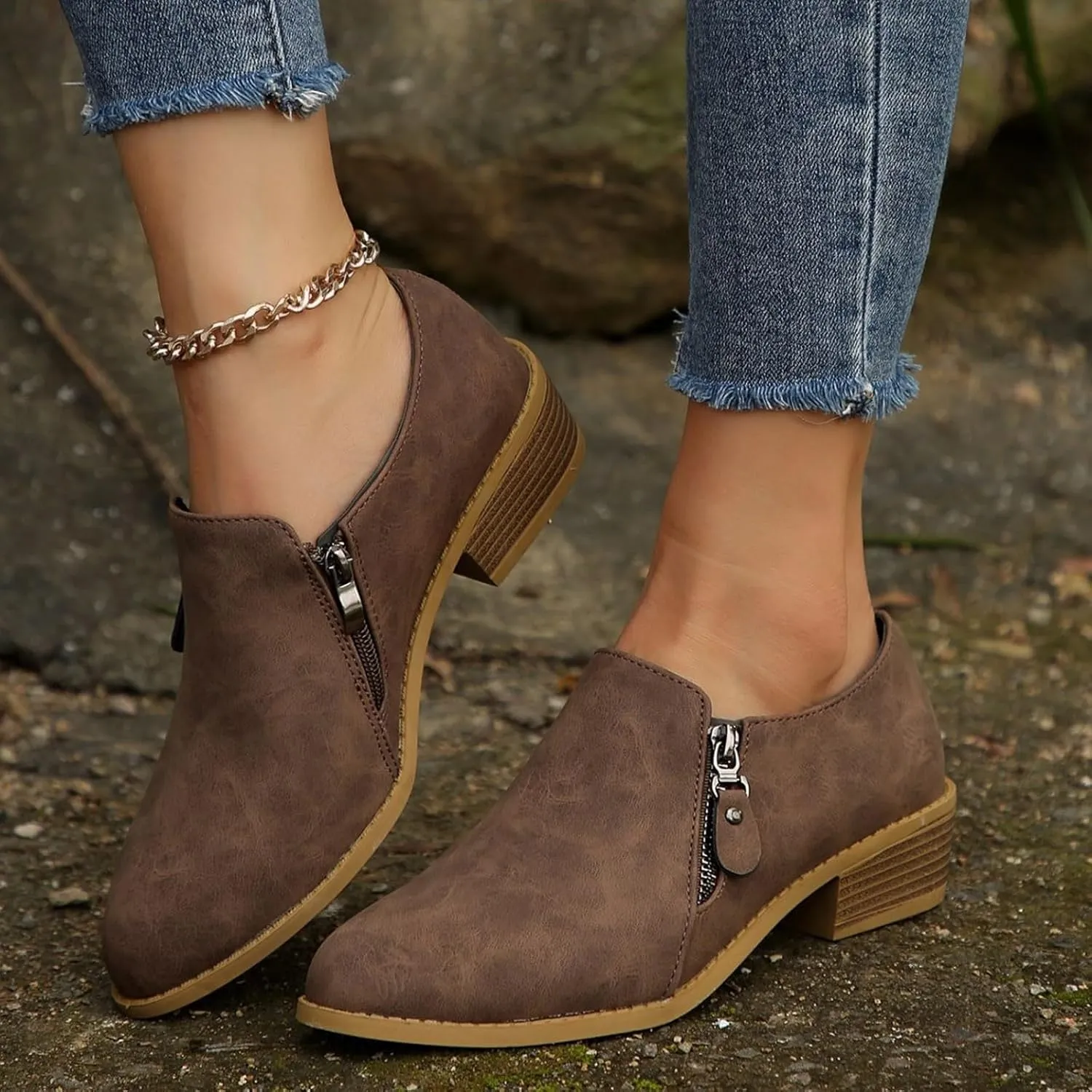 AMDBEL Boots for Women Ankle Booties, Women's Ankle Boots Low Heel Closed Toe Slip On Flat Boots Ladies Walking Short Booties