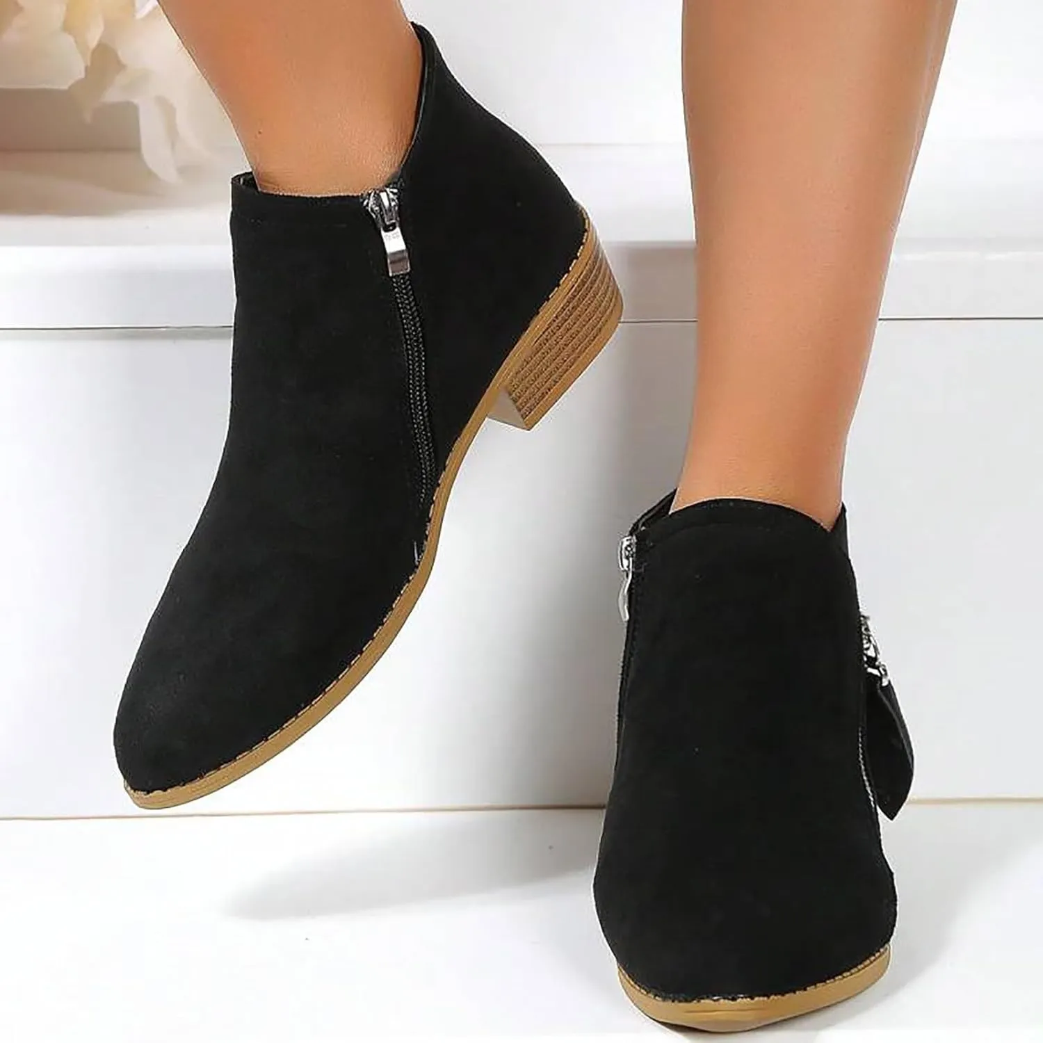 AMDBEL Boots for Women Ankle Booties, Women's Ankle Boots Slip on Pointed Toe Low Heel Side Zipper Suede Booties Winter Shoes