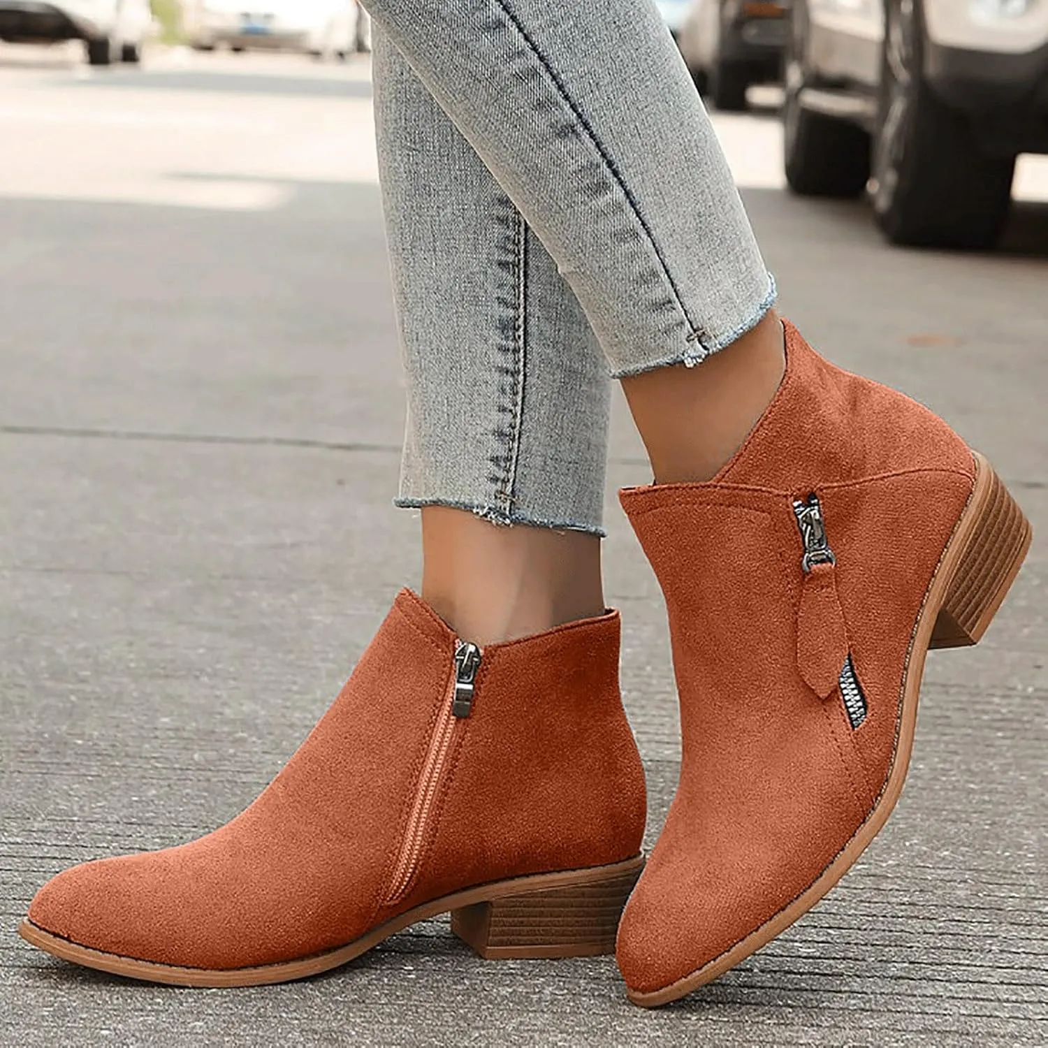 AMDBEL Boots for Women Ankle Booties, Women's Ankle Boots Slip on Pointed Toe Low Heel Side Zipper Suede Booties Winter Shoes