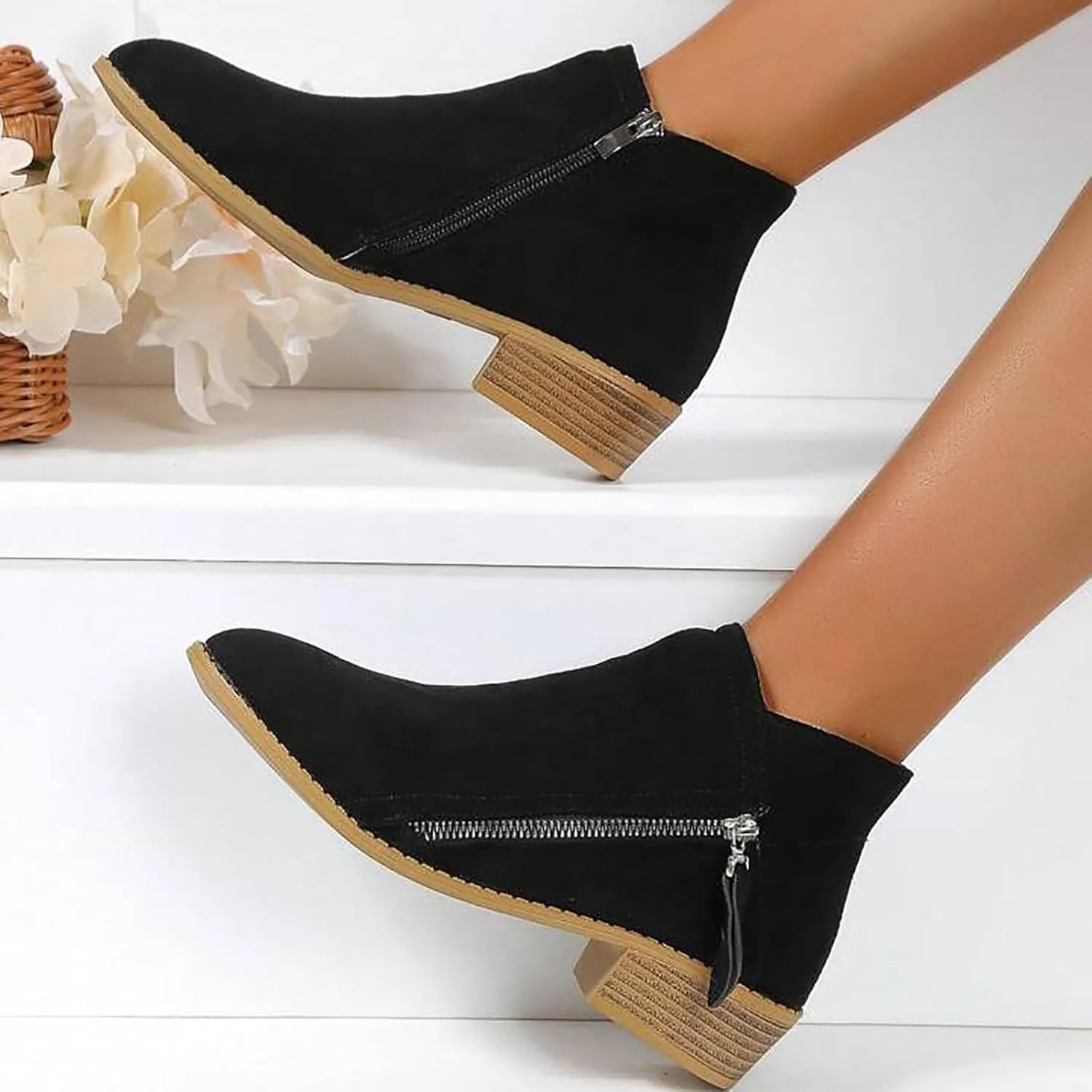 AMDBEL Boots for Women Ankle Booties, Women's Ankle Boots Slip on Pointed Toe Low Heel Side Zipper Suede Booties Winter Shoes