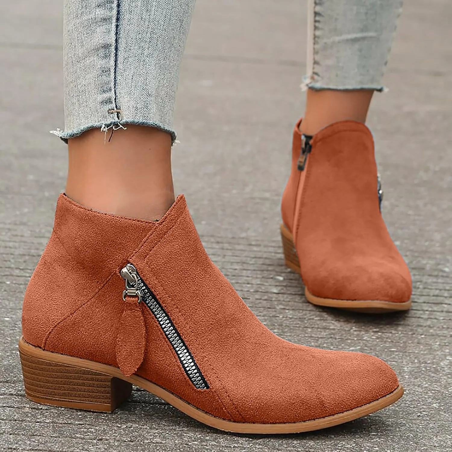 AMDBEL Boots for Women Ankle Booties, Women's Ankle Boots Slip on Pointed Toe Low Heel Side Zipper Suede Booties Winter Shoes
