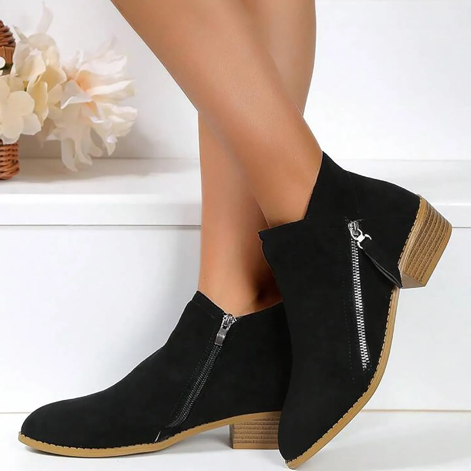 AMDBEL Boots for Women Ankle Booties, Women's Ankle Boots Slip on Pointed Toe Low Heel Side Zipper Suede Booties Winter Shoes