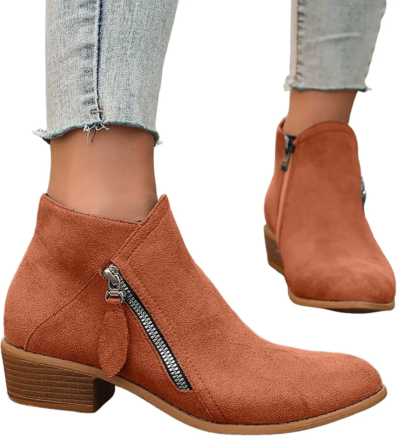AMDBEL Boots for Women Ankle Booties, Women's Ankle Boots Slip on Pointed Toe Low Heel Side Zipper Suede Booties Winter Shoes