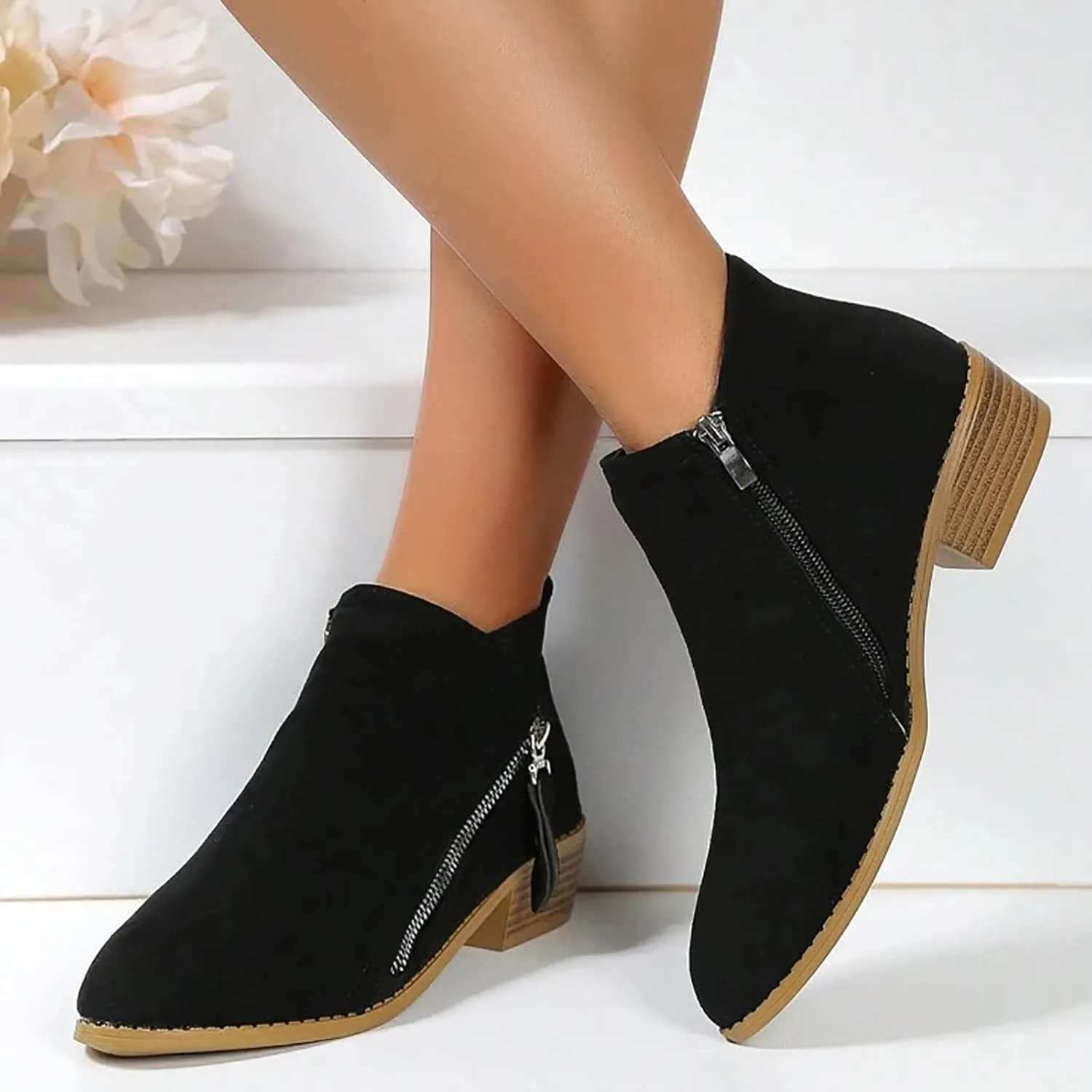 AMDBEL Boots for Women Ankle Booties, Women's Ankle Boots Slip on Pointed Toe Low Heel Side Zipper Suede Booties Winter Shoes