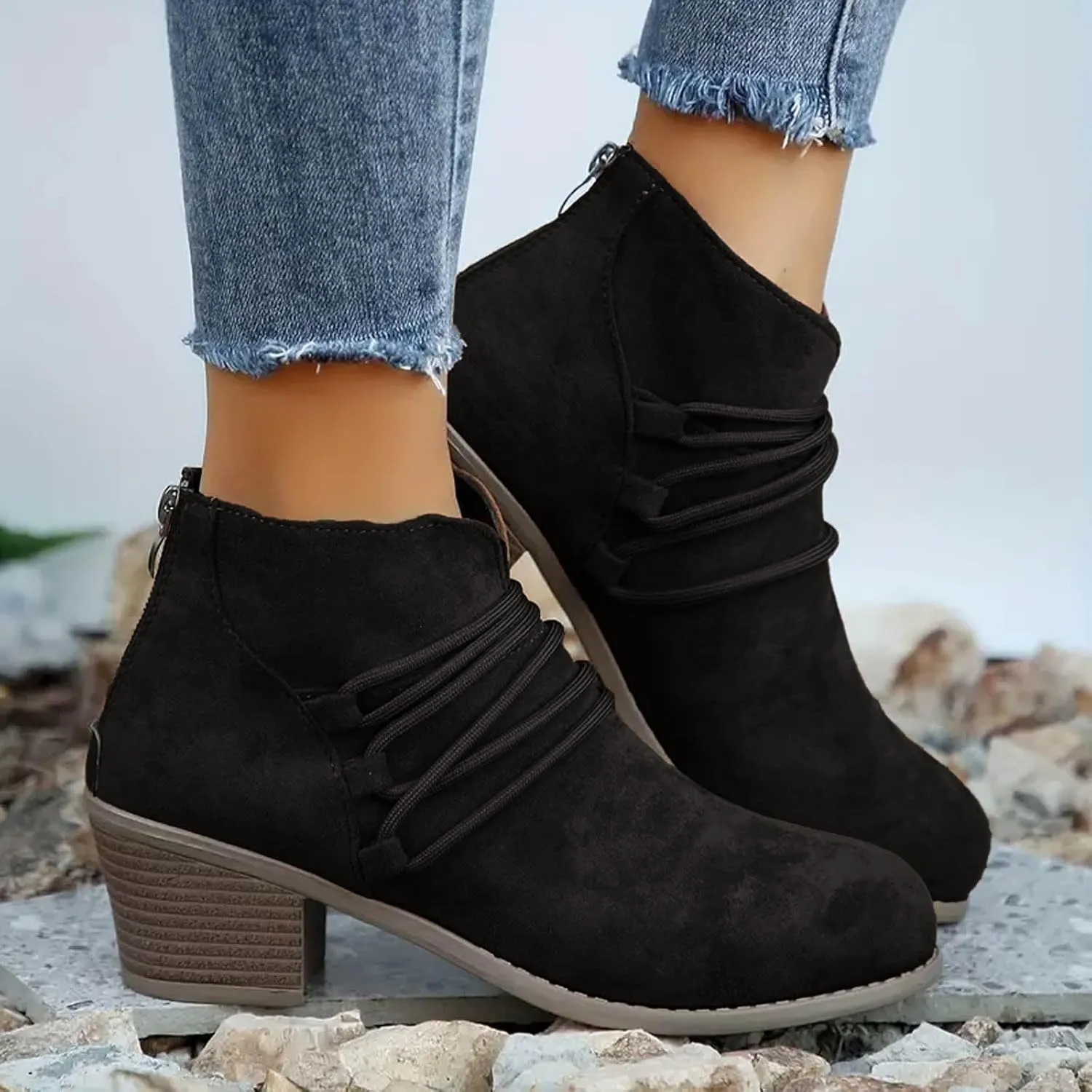 AMDBEL Fall Boots for Women 2024 Ankle Booties Fashion Low Heel Side Zipper Pointd Toe Suede Fall Winter Short Boots Shoes