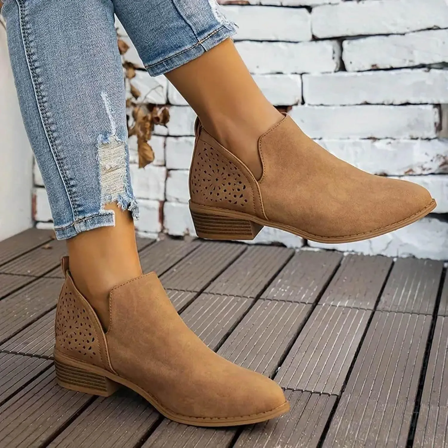 AMDBEL Winter Boots for Women 2024 Ankle Booties Low Heel Short Boots Chelsea Boots Hollow Out Pointd Toe Fall Winter Shoes