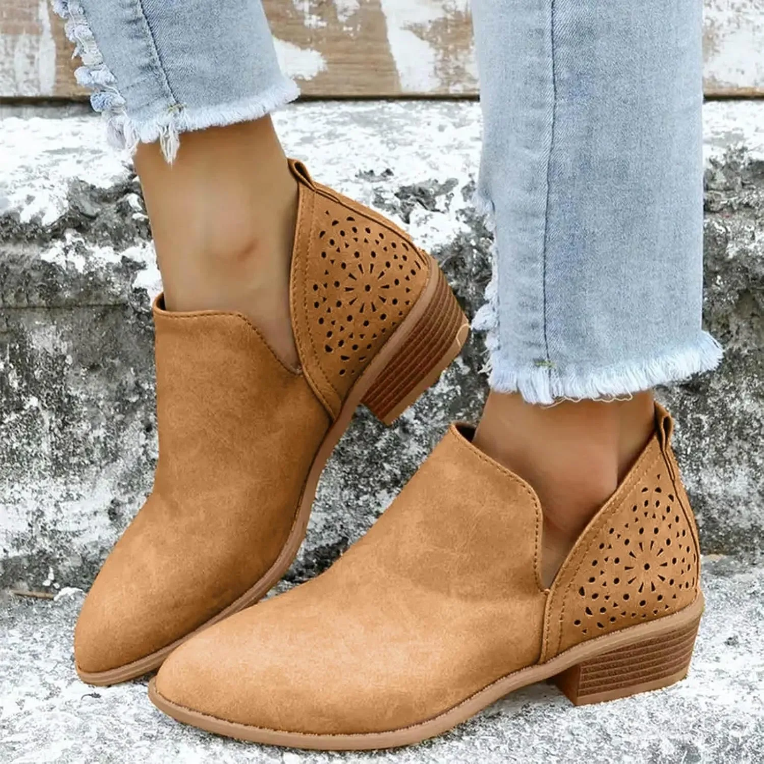 AMDBEL Winter Boots for Women 2024 Ankle Booties Low Heel Short Boots Chelsea Boots Hollow Out Pointd Toe Fall Winter Shoes