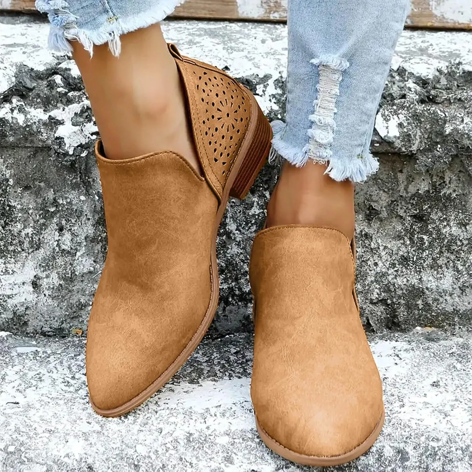 AMDBEL Winter Boots for Women 2024 Ankle Booties Low Heel Short Boots Chelsea Boots Hollow Out Pointd Toe Fall Winter Shoes