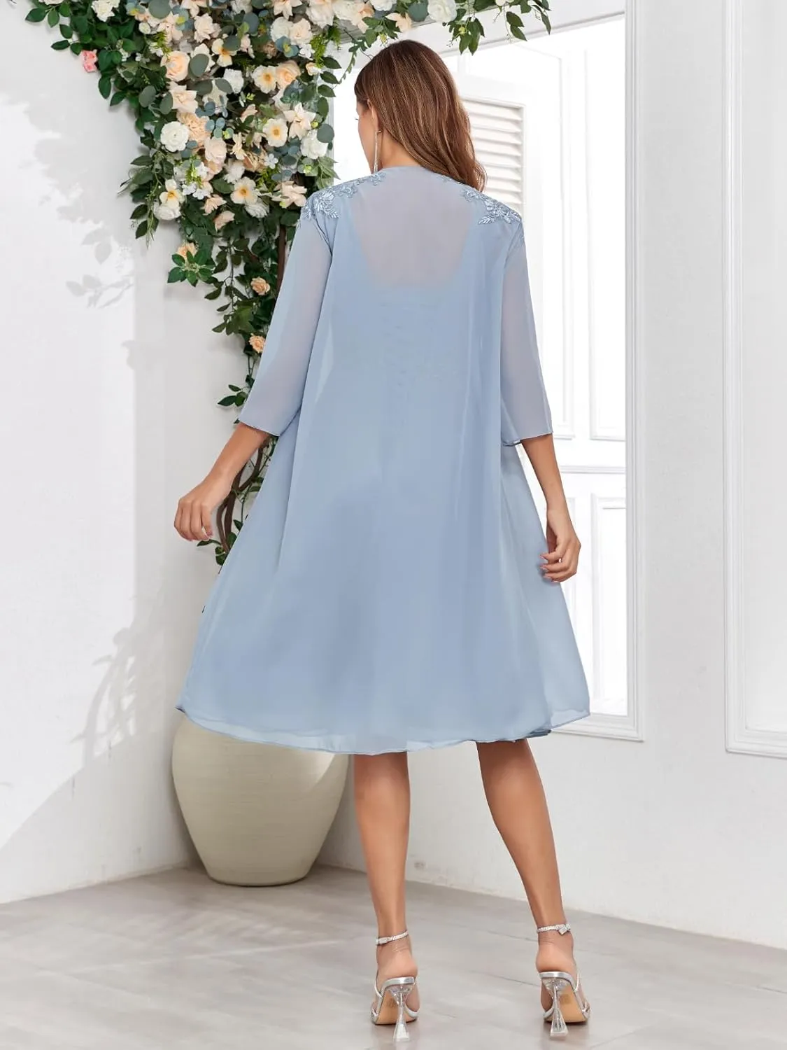 BANTRATIC 2 Pieces Mother of The Bride Dress for Wedding 3/4 Sleeves Short Chiffon V Neck Formal Party Gowns with Jacket