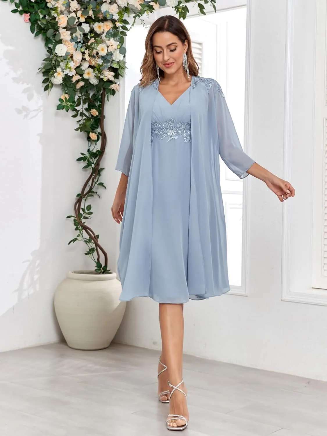 BANTRATIC 2 Pieces Mother of The Bride Dress for Wedding 3/4 Sleeves Short Chiffon V Neck Formal Party Gowns with Jacket
