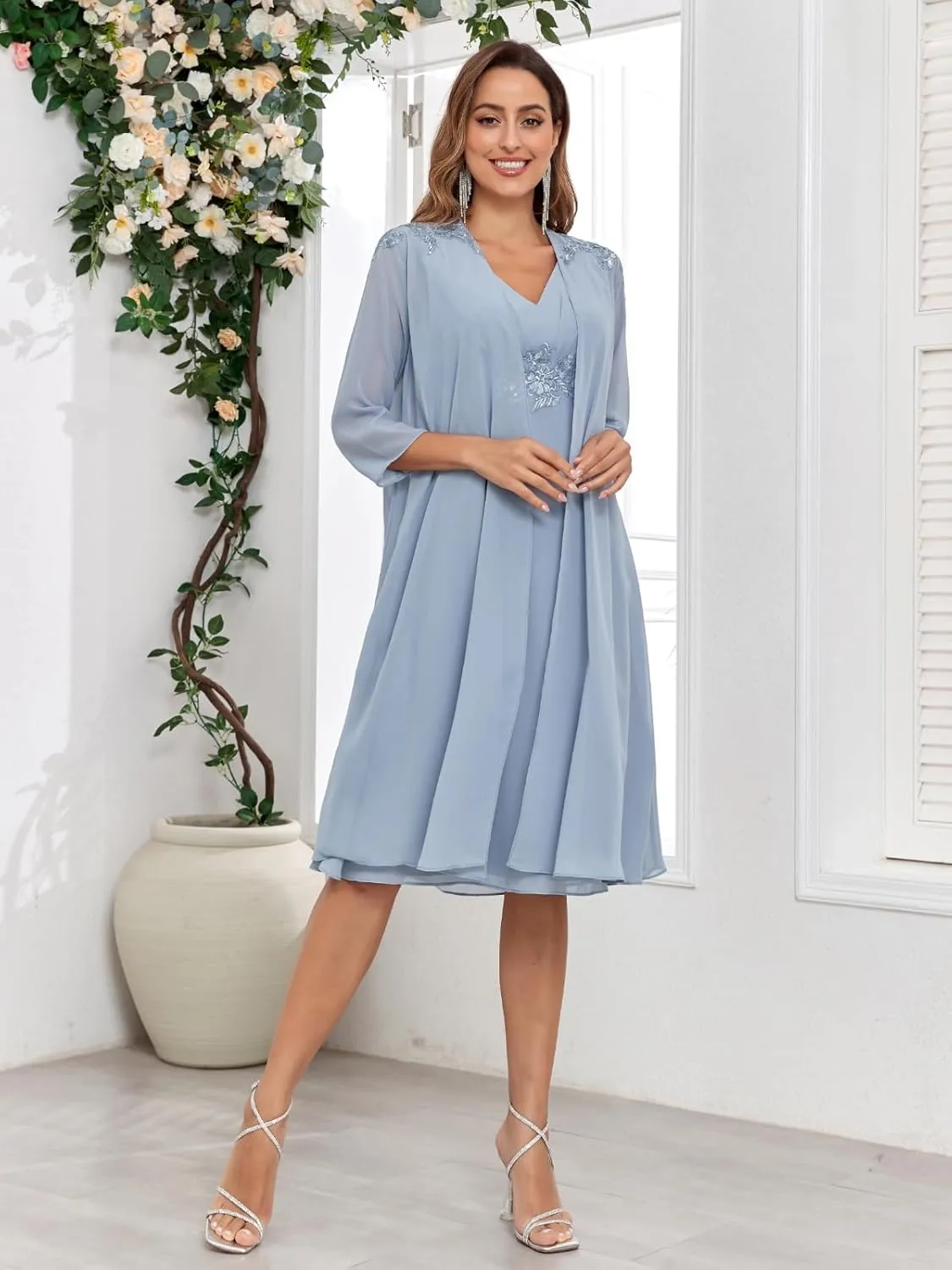 BANTRATIC 2 Pieces Mother of The Bride Dress for Wedding 3/4 Sleeves Short Chiffon V Neck Formal Party Gowns with Jacket