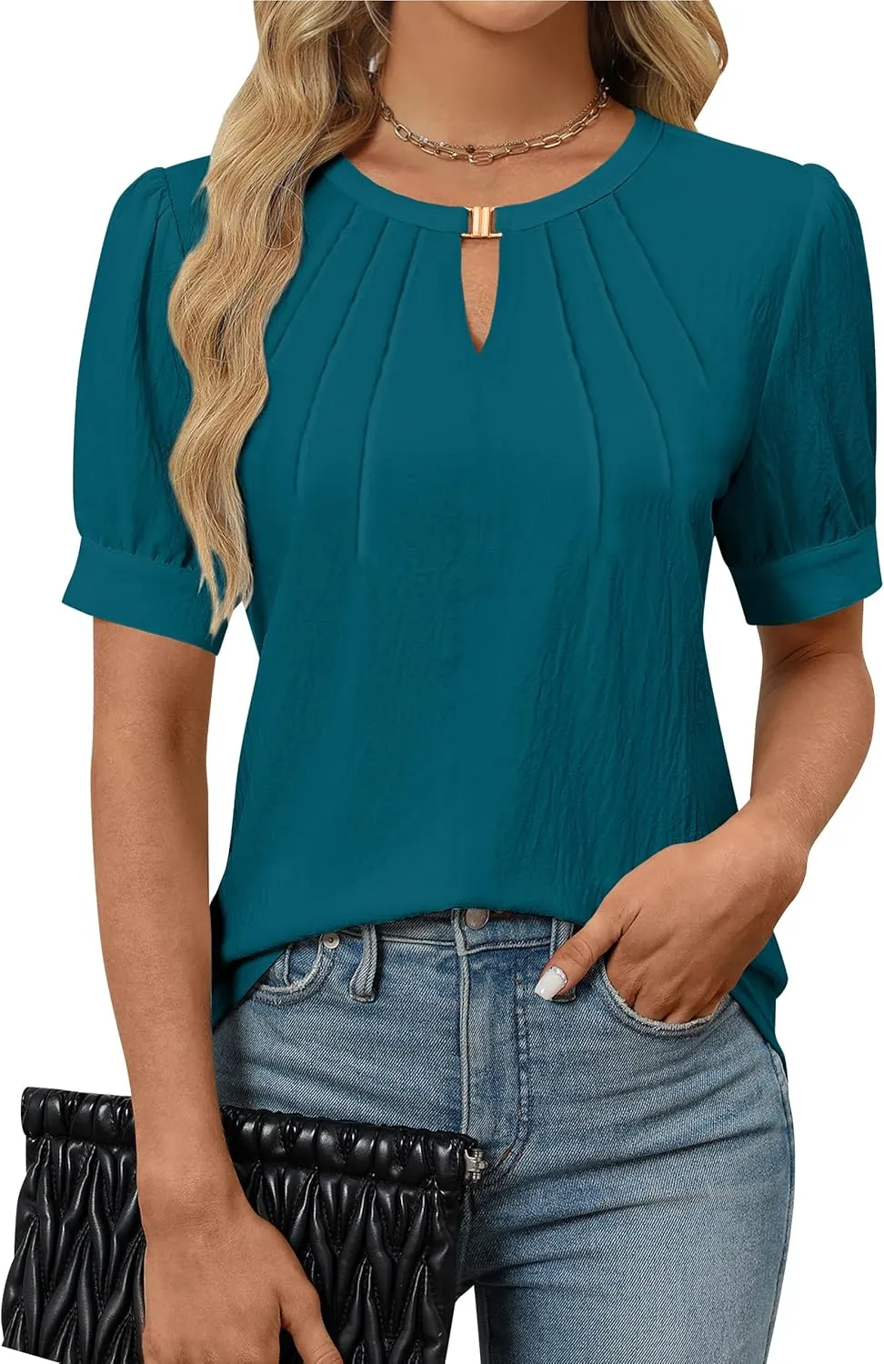 Blooming Jelly Womens Dressy Casual Tops Keyhole Business Work Blouses Pleated Puff Sleeve Summer Shirts