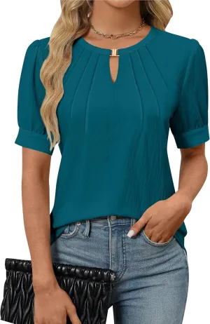 Blooming Jelly Womens Dressy Casual Tops Keyhole Business Work Blouses Pleated Puff Sleeve Summer Shirts