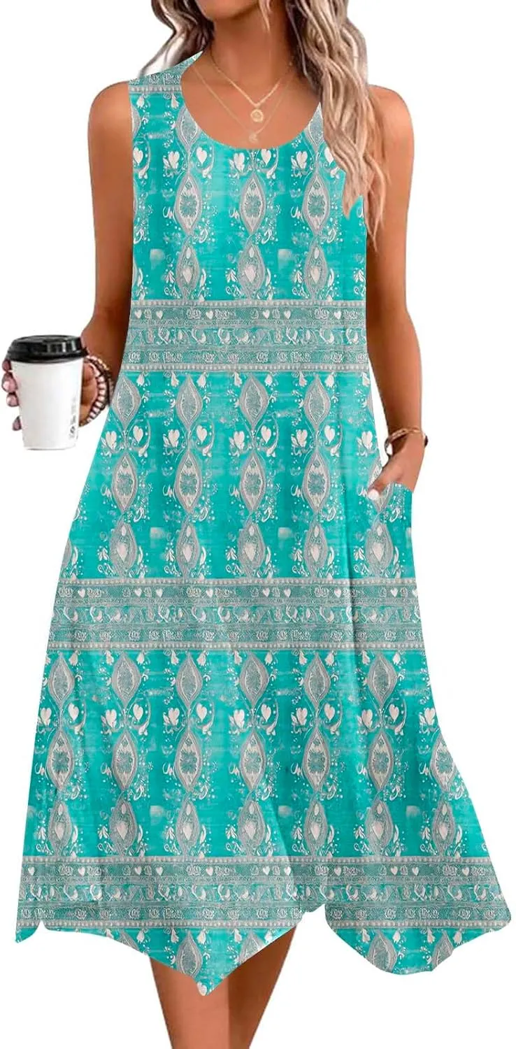 Boho Chic Sleeveless A-Line Dress for Women with Turquoise Tribal Print and Pockets
