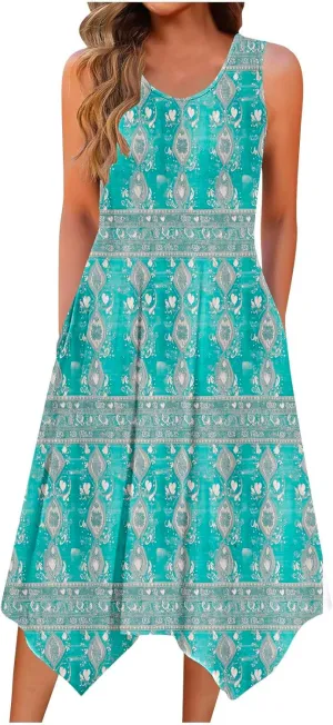 Boho Chic Sleeveless A-Line Dress for Women with Turquoise Tribal Print and Pockets