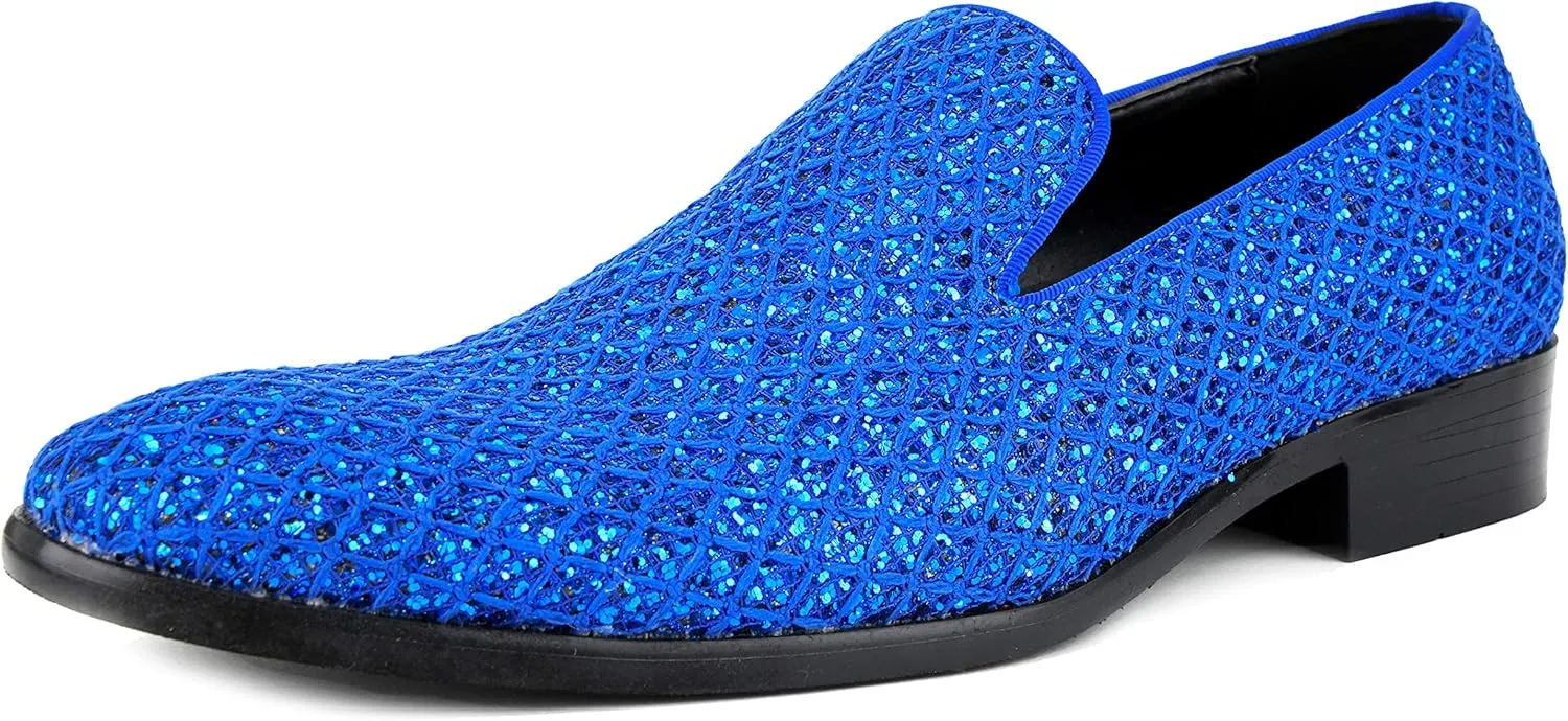 Bolano Sarlo Men's Dress Shoes, Black Glitter Loafer for Prom, Metallic Tuxedo Slip-on