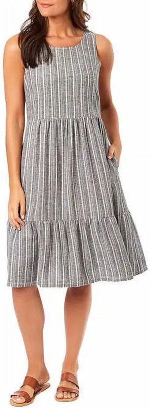 Briggs Tiered Linen Blend Dress, Sleeveless, Gray Stripe, Size XS