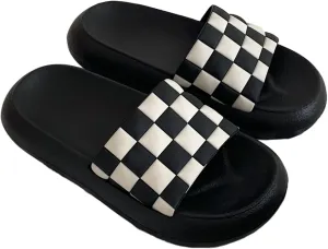 Checkered Slippers for Women Men Checkerboard Open Toe Slides Sandals Indoor House Shoes Soft Thick Sole Slippers Summer Outdoor Slip On Beach Slides Couple Home Slippers