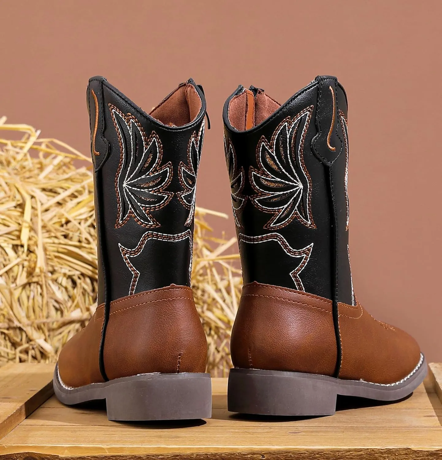 DADAWEN Kids Cowboy Boots for Boys Girls Glitter Embroidered Western Square Toe Cowgirl Boots Mid Calf Riding Shoes (Toddler/Little Kid/Big Kid)