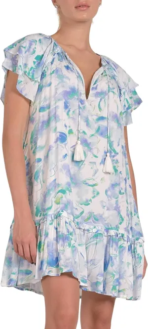 ELAN Women's Short Sleeve Ruffled Hem V-Neck Tunic Mini Dress