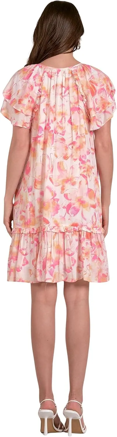 ELAN Women's Short Sleeve Ruffled Hem V-Neck Tunic Mini Dress