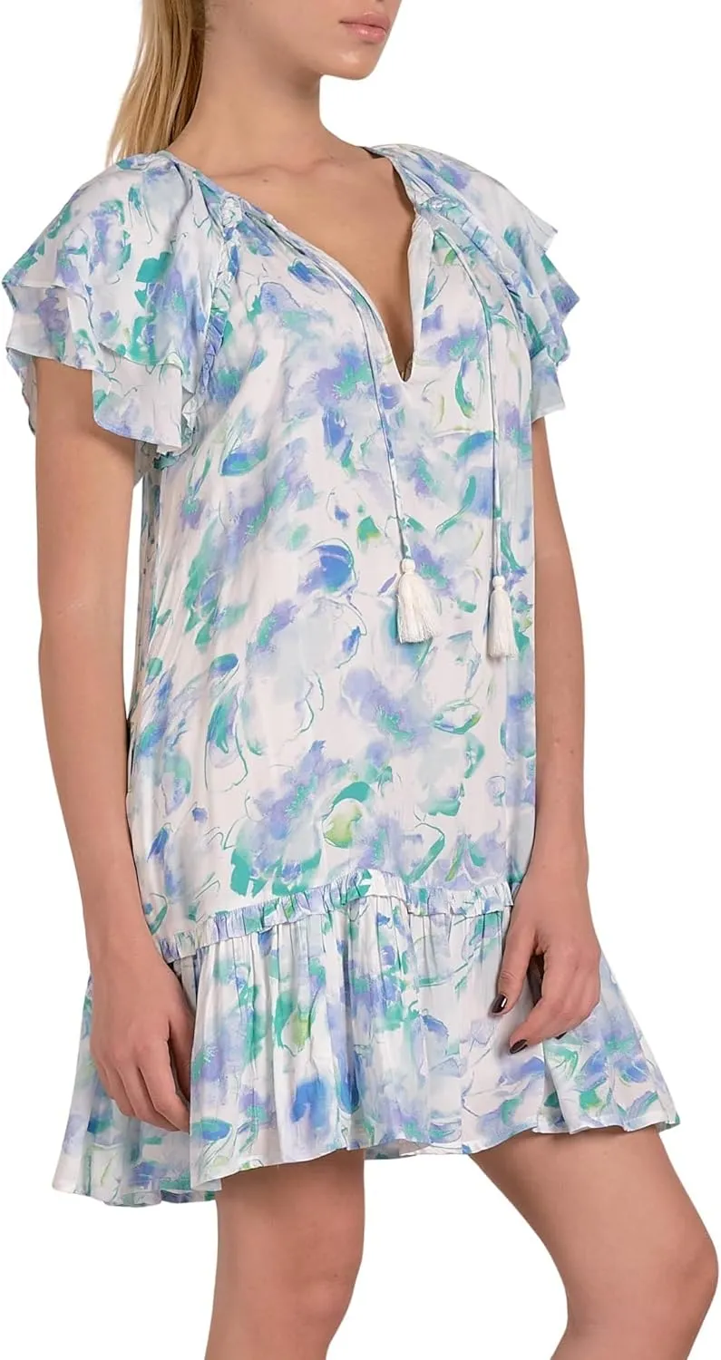 ELAN Women's Short Sleeve Ruffled Hem V-Neck Tunic Mini Dress
