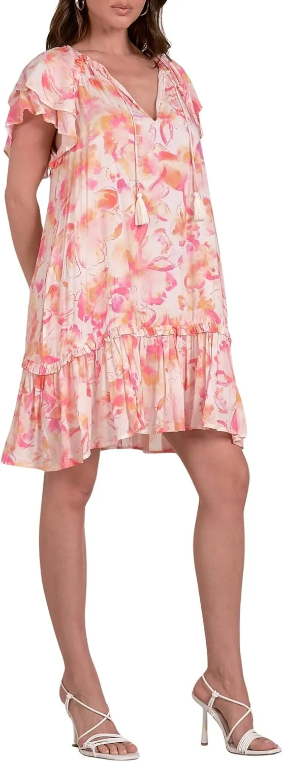 ELAN Women's Short Sleeve Ruffled Hem V-Neck Tunic Mini Dress