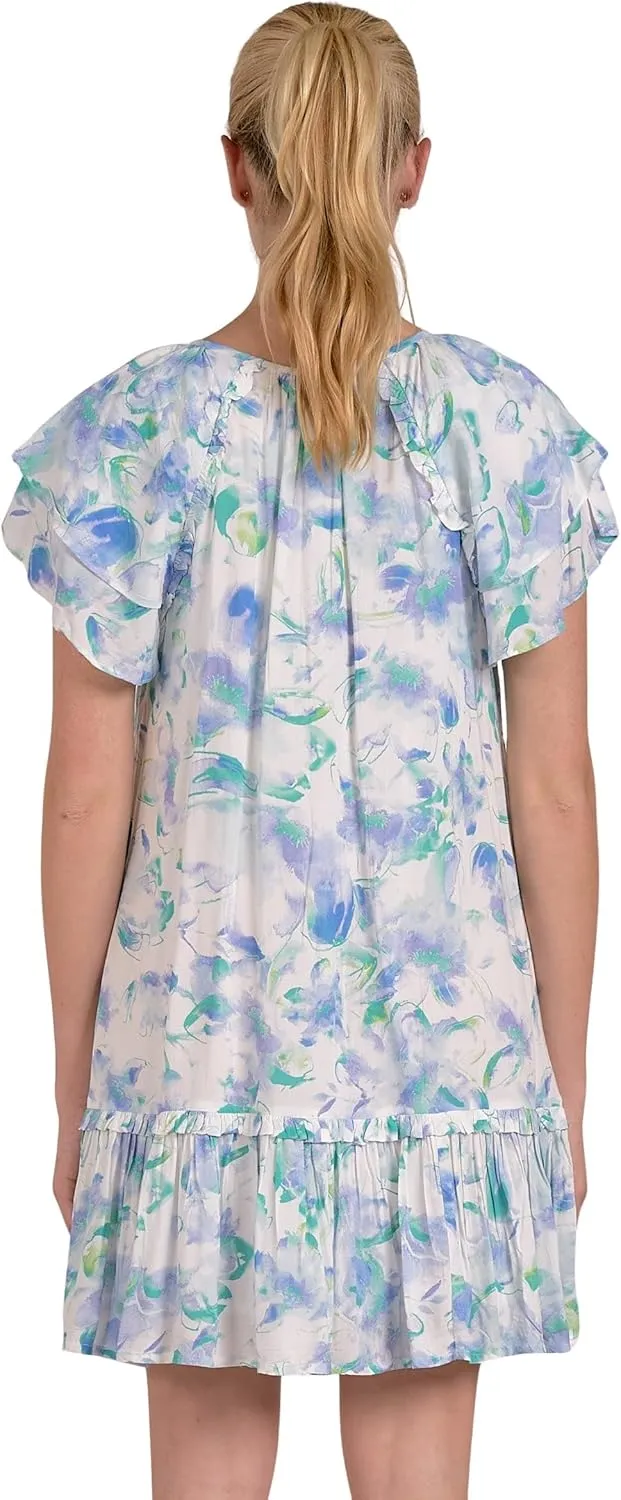 ELAN Women's Short Sleeve Ruffled Hem V-Neck Tunic Mini Dress