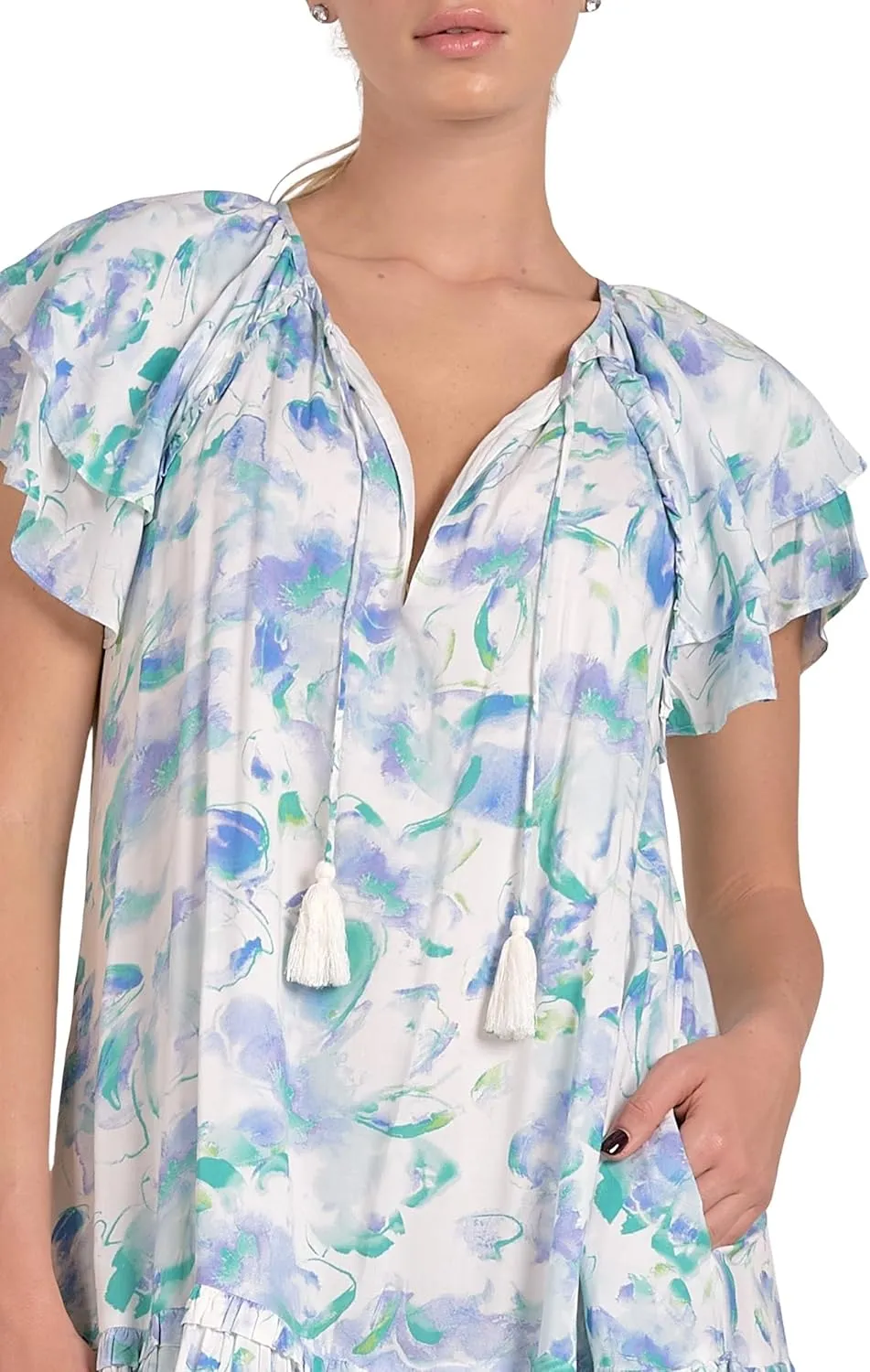 ELAN Women's Short Sleeve Ruffled Hem V-Neck Tunic Mini Dress