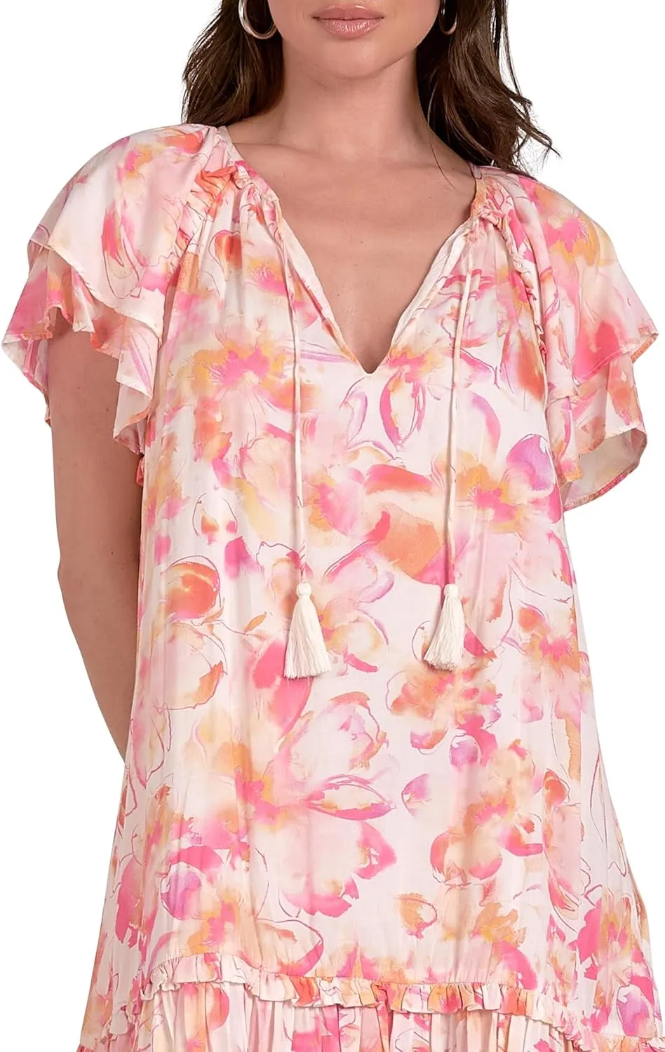 ELAN Women's Short Sleeve Ruffled Hem V-Neck Tunic Mini Dress