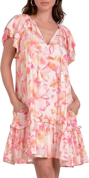 ELAN Women's Short Sleeve Ruffled Hem V-Neck Tunic Mini Dress
