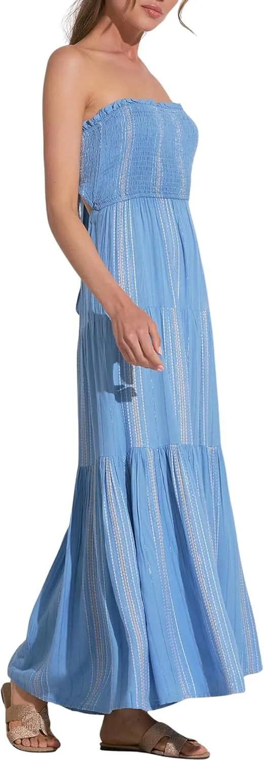 ELAN Women's Strapless Tie-Back Smocked Bodice Cover-Up Maxi Dress