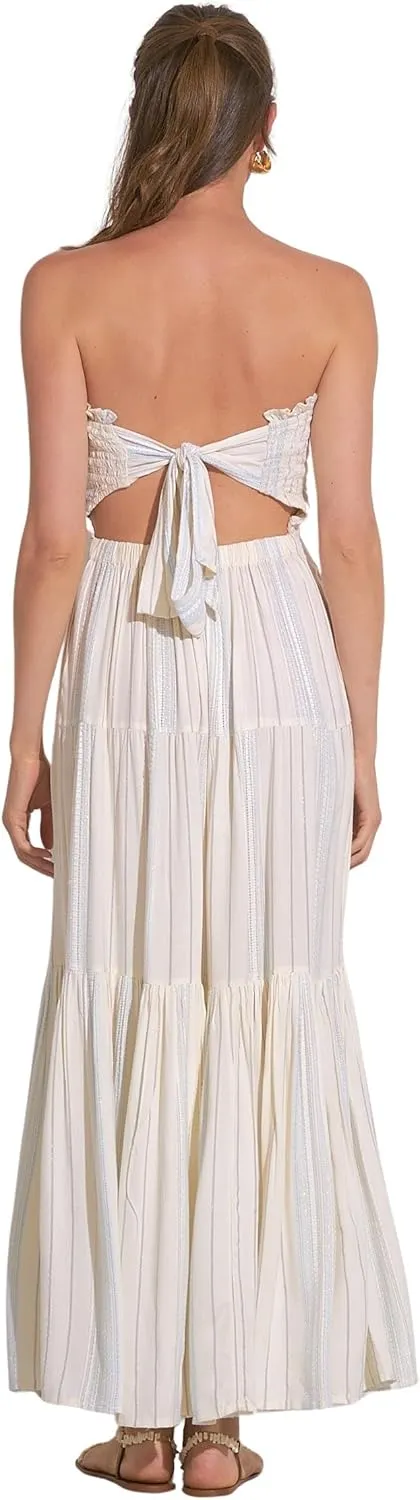 ELAN Women's Strapless Tie-Back Smocked Bodice Cover-Up Maxi Dress