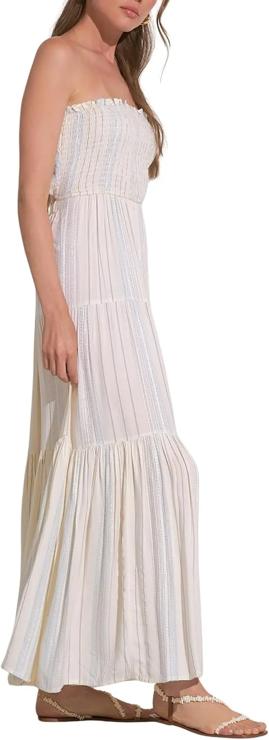 ELAN Women's Strapless Tie-Back Smocked Bodice Cover-Up Maxi Dress