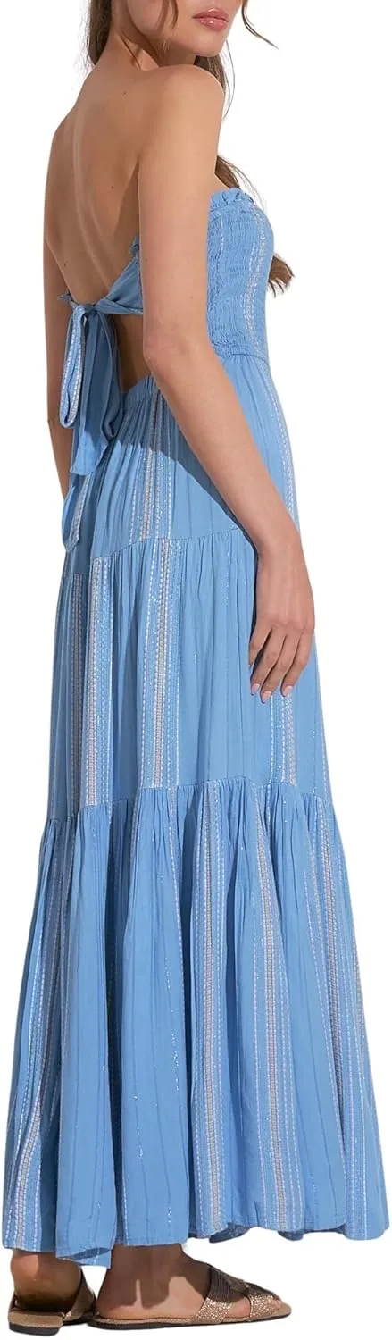 ELAN Women's Strapless Tie-Back Smocked Bodice Cover-Up Maxi Dress