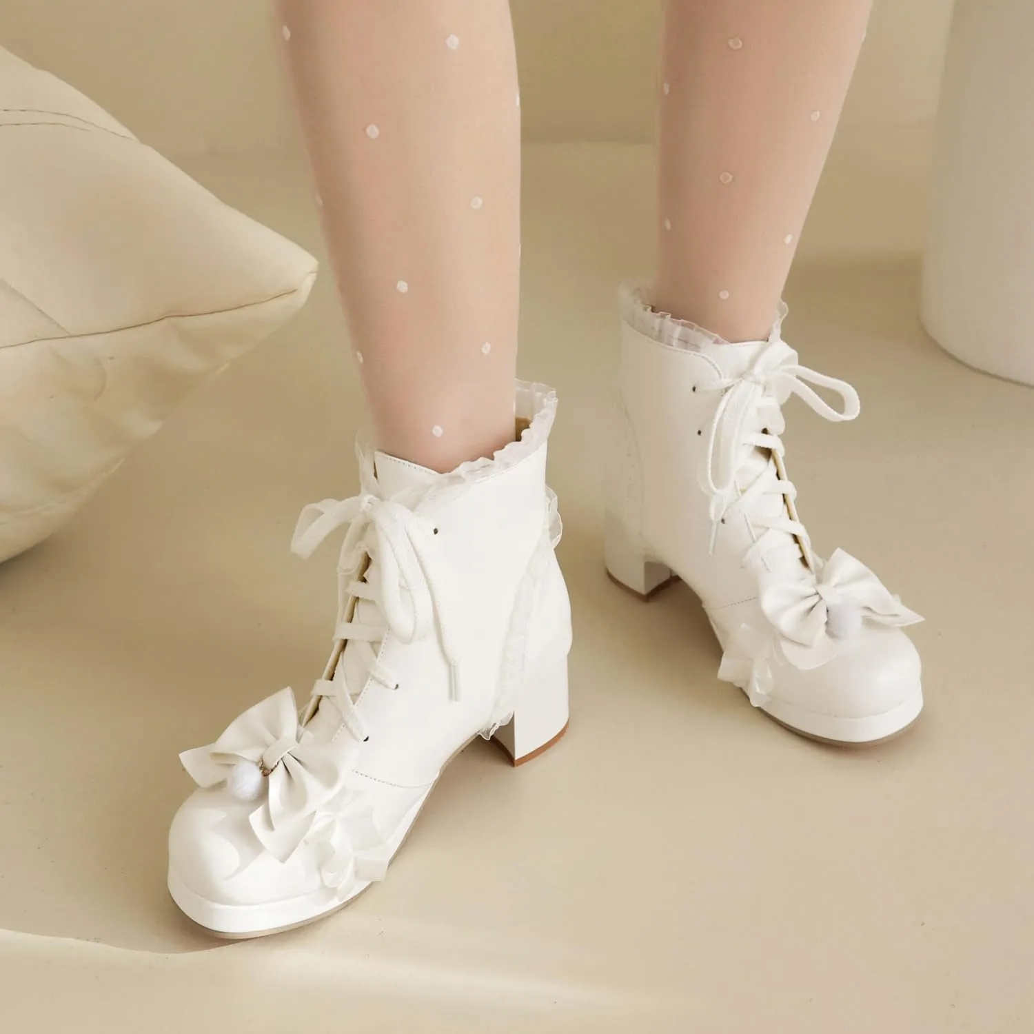 Elbslutt Women Goth Platform Boots Kawaii Lolita Chunky Heel Ankle Boots Bow Lace Up Ankle Boots Cute Sweet Cosplay Booties Punk Shoes