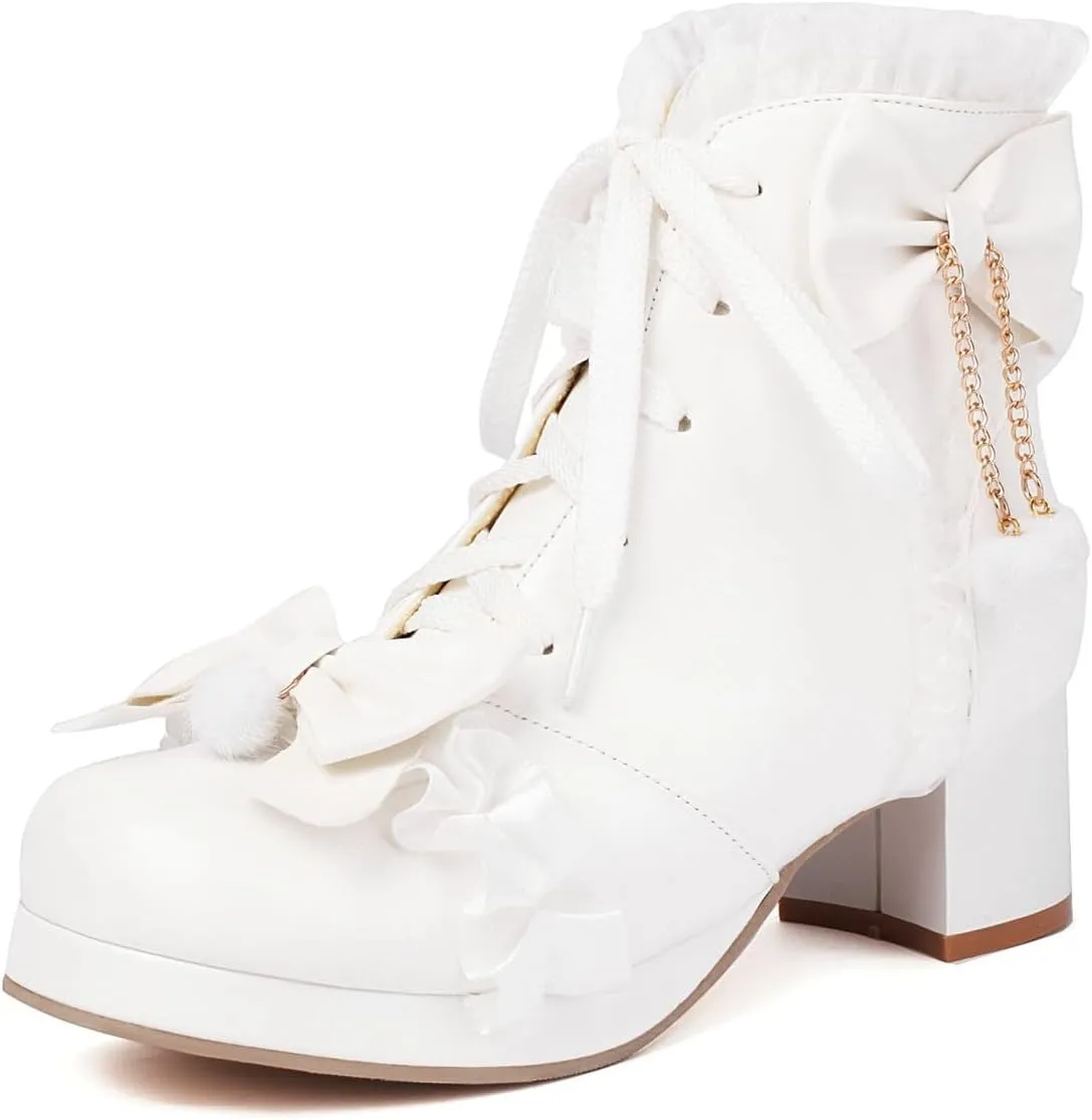 Elbslutt Women Goth Platform Boots Kawaii Lolita Chunky Heel Ankle Boots Bow Lace Up Ankle Boots Cute Sweet Cosplay Booties Punk Shoes