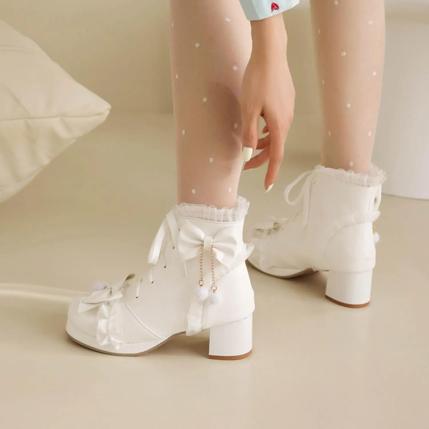 Elbslutt Women Goth Platform Boots Kawaii Lolita Chunky Heel Ankle Boots Bow Lace Up Ankle Boots Cute Sweet Cosplay Booties Punk Shoes