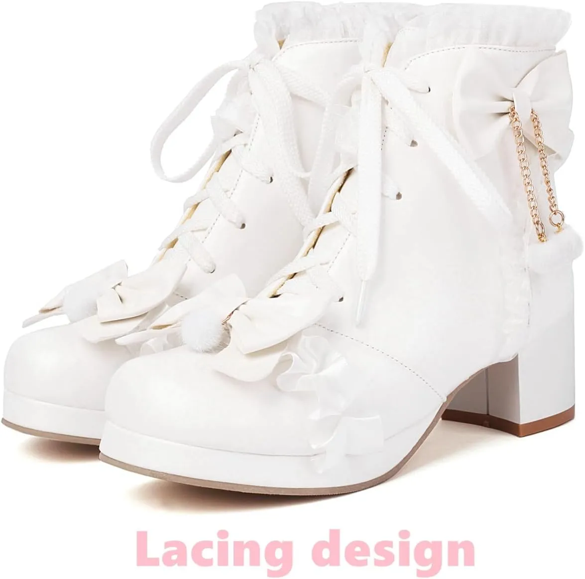 Elbslutt Women Goth Platform Boots Kawaii Lolita Chunky Heel Ankle Boots Bow Lace Up Ankle Boots Cute Sweet Cosplay Booties Punk Shoes